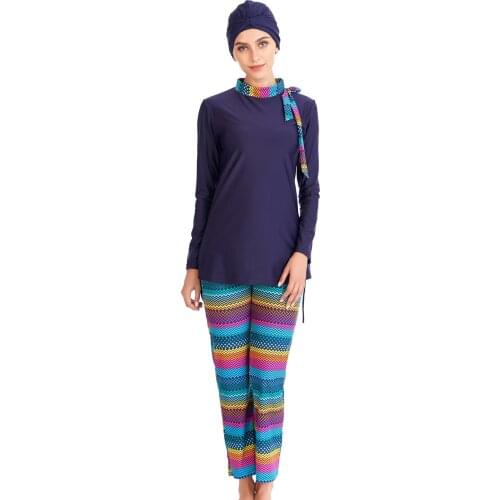 Women Printing Striped Muslim Swimwear Hijab Muslimah Islamic Swimsuit Swim Surf Wear Sport Suit Clothes And Pants