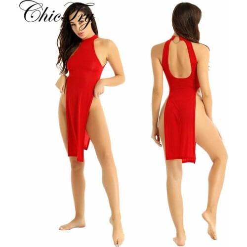 Women Exotic Dresses Lingerie Halter Neck Sleeveless Backless High Slit Legs Cheongsam Nightgown for Clubwear Nightwear Clothes