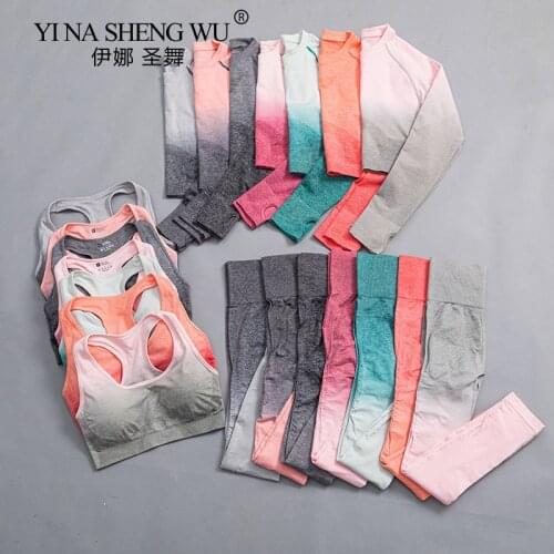 2/3 PCS Ombre Color Women Sportswear Seamless Yoga Set Fitness Suit Sports Outfit Workout Clothes For Woman Gym Bra Sports Set