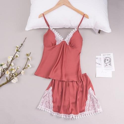 2PCS Summer Sexy Stain Pajamas Set Lace Sling Sleepwear For Women Female Casual Home Service Sling Short Loungewear Pajamas