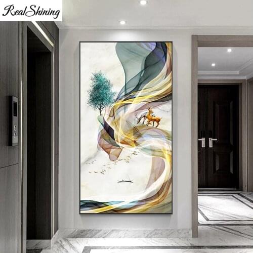 5D DIY Diamond Painting Full Square Round Abstract Line Art Golden Tree and Bird Landscape Diamonds Embroidery Kits F996