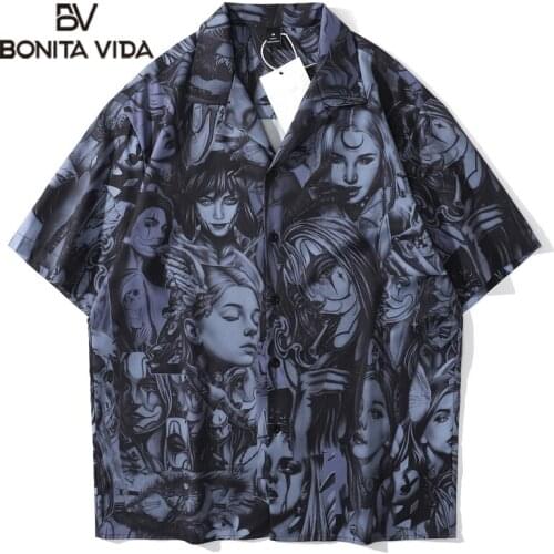 Bonita Vida Hawaiian Beach Shirts Japanese Cartoon Anime Girl Button Shirt Streetwear Men Hip Hop Tropical Short Sleeve Shirts