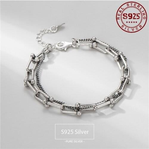 Real 925 Sterling Silver Bracelet for Women Double-deck U Shape Chian Lobster Clasp Women Silver Bracelet Jewelry Accessories