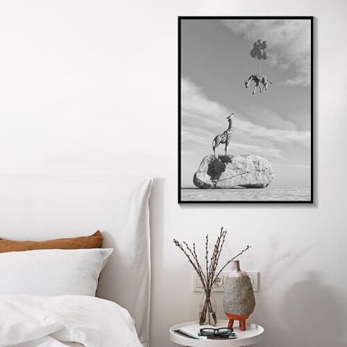 Black White A Giraffe is Tied to Balloon Canvas Painting Abstract Animal Landscape Poster and Printing Wall Art For Living Room