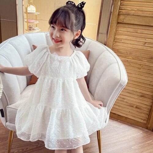 Summer Girls Flower Dress Fashion Korean Printing Puff Sleeve Dresses for Kids Girls Chiffon Lace Pleated Dress Children Clothes
