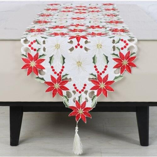 European Classical Christmas Flower Table Runner Handmade Hollow Satin Tablecloth XMAS Home Dining Table and Tea Table Fabric