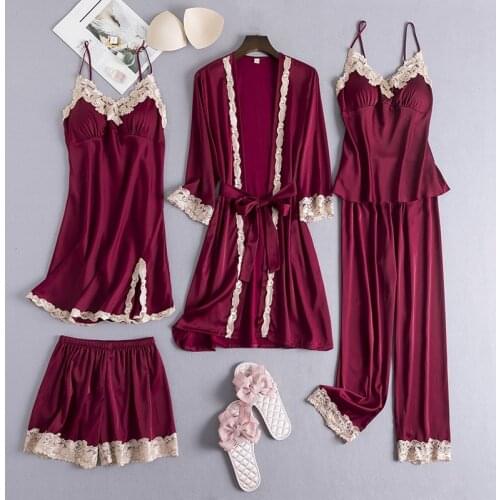 Sexy 5PCS Robe Set Female Silky Satin Bathrobe Women Kimono Bath Gown Casual Sleepwear Nightwear Bridesmaid Robes Suit Homewear