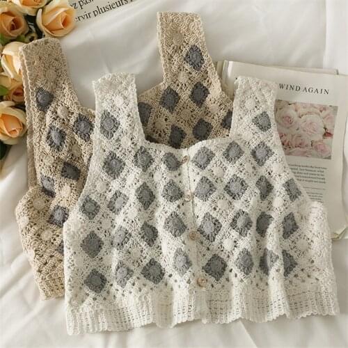 Summer Tank Top Crochet Single Breasted Plaid Knitted Vest Women Sleeveless Waistcoat Vintage Crop Top Tee Shirt Femme