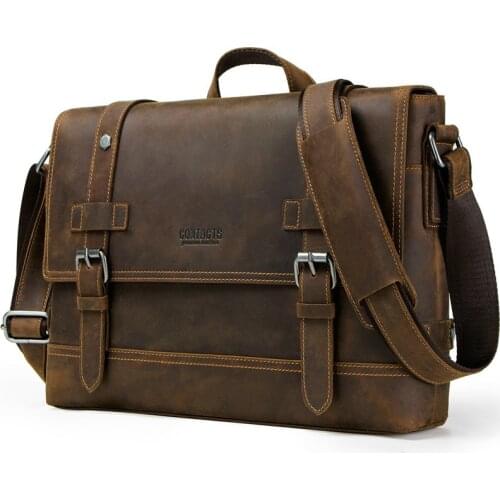 100% Genuine Leather Briefcase Men Vintage Real Crazy Horse Leather Messenger Shoulder Business Laptop Bag Case Office Handbag