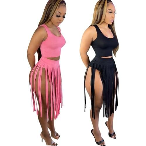Womens 2021 New Tassel Skirt Two Piece Nightclub Suit Summer Cool Sexy Solid Fitness Yoga Set Oudoor Vacation Beach Suit