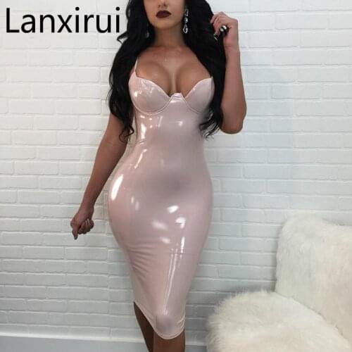 Sexy Women Pu Leather Spaghetti Strap Dress Summer Solid White V Neck Club Party Backless Bodycon Dresses