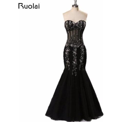 Real Photo Black Prom Dresses 2019 Sweetheart Tulle Crystal Evening Dresses Mermaid Party Gown Sexy Vestido de Fiesta Largo PD62