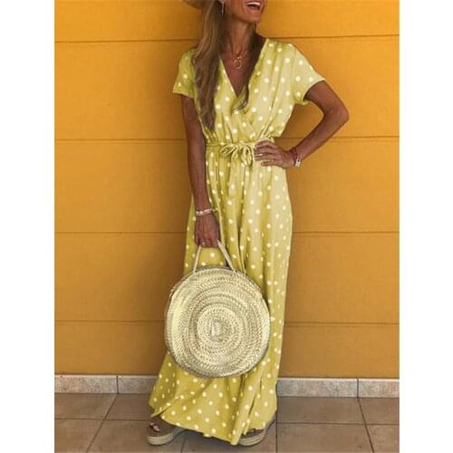 Sexy V-Neck Polka Dot Women Dress Elegant Slim Lace Up Woman Dress Casual Short Sleeve Beach Holiday Long Maxi Dress Female Robe