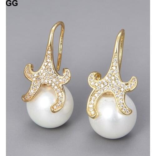 GuaiGuai Jewelry starfish Cz Pave 14mm White Sea Shell Pearl Hook Earrings
