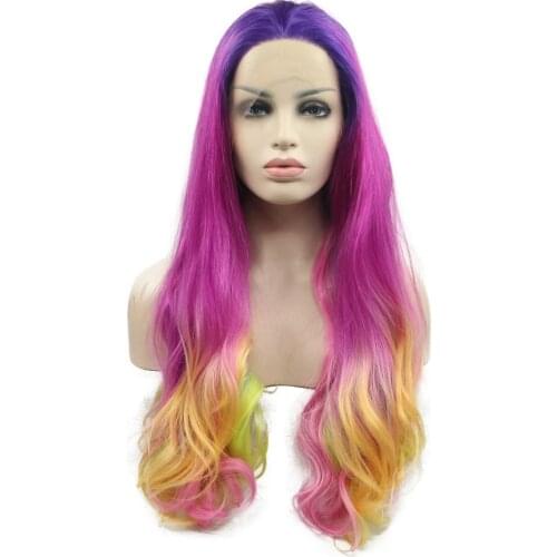 Melody Synthetic Lace Front Wigs Purple Roots Ombre Pink Pastel Green Yellow Tips Long Natural Wave for Women Natural Looking