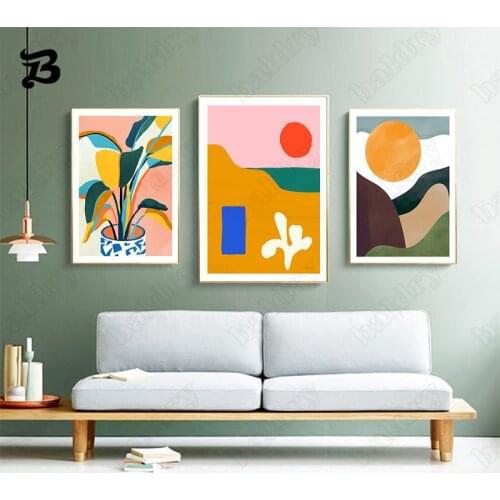 Modern Varicolored Canvas Painting Wall Art Abstract Geometric Pattern Sun Plants and Leaves Wall Pictures for Living Room Decor