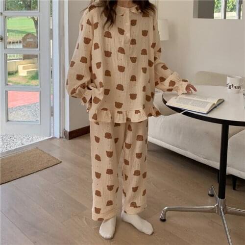 Cartoon bear sutumn spring pajama set women kawaii funny home suit soft gauze kawaii top+pants set two piece long sleeve L441