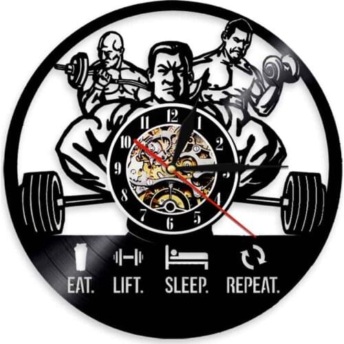 Eat Lift Sleep Repeat Workout GYM Motivational Quote Vinyl Record Wall Clock Weightlifting Bodybuilding Men Fitness Wall Watch