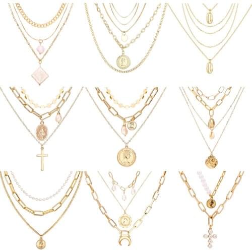 17KM Vintage Gold Portrait Coin Pearl Pendant Necklaces For Women Bohemia Fashion Muklltilayer Pearl Long Necklace 2019 Jewelry