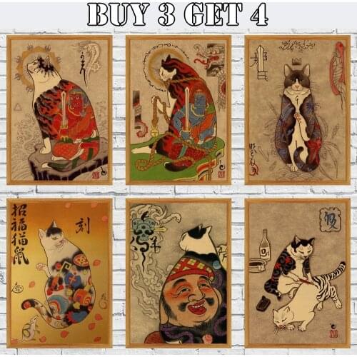 Japan Samurai Cat Cat Tattoo Kraft Poster Retro Art Wall Art Living Room Bedroom Decor Painting Posters