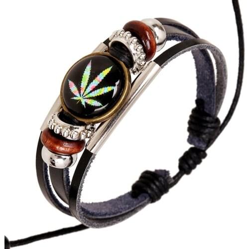 Fashion Time Stone Glass Leaf Charm Bracelet Genuine Leather Women Bracelets Multi Layer Alloy Wood Beads Wrap Bracelet