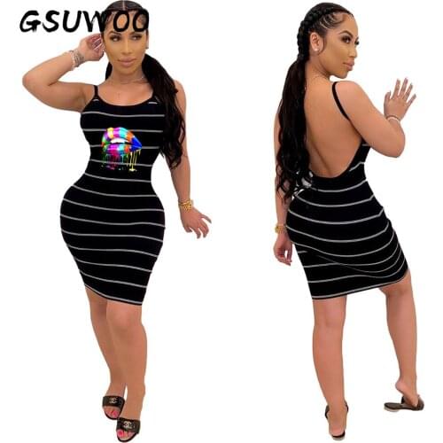 GSUWOO Womens Striped Lips Pattern Print Sling Dresses Sexy Nightclub Sleeveless Slim Fit Skinny Backless Mini Dress Summer