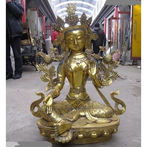 008109 Nepal Buddhism Bronze Gild Hand-carved Buddhist flower Green TaRa Buddha statue