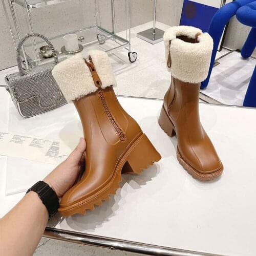 2021 Brand Serrated sole Women&Chelsea Rain Boots PVC Zip Ankle Boots Wool Comfort 6cm Height Increasing Thick Sole Ankle Boots