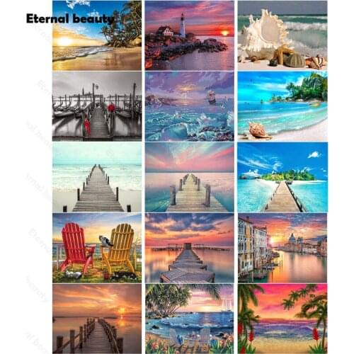 5D Diy Diamond Painting Landscape Cross Stitch Kits Beach Sunset Diamond Mosaic Pictures of Rhinestones Full Diamond Embroidery