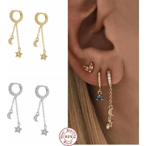 GS 925 Sterling Silver Cubic Zirconia Star Moon Charm Dangle Earrings For Women Double Chain Tassel Pendant Drop Earrings Gift