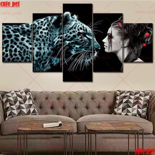 Diamond Painting Cross Stitch Animal cheetah and girl kit picture 5PCS Diamond Embroidery rhinestone puzzle Decor Holiday gift