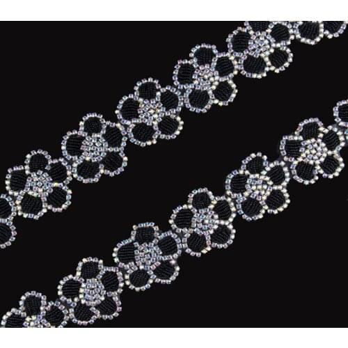 10Yard Bling Flower Shape Beaded Black Rhinestone Applique Trim Hot-Fix Crystal Applique Trimming For Girl Wedding Decoration