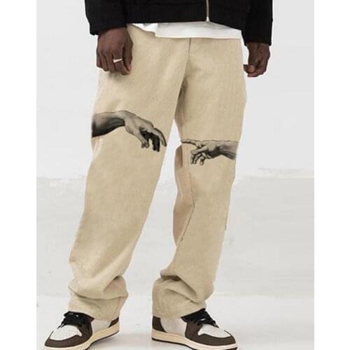 2021 Spring Summer Casual Pants Mens Fashion Mid Waist Pants Hipster Streetwear Vintage Cross Print Loose Straight Trousers Men