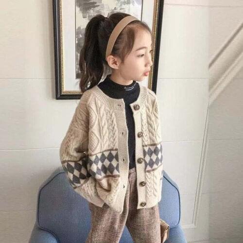 Spring Autumn 2021 New Kids Clothes Single Breasted Long Sleeves Tops Sweaters Children Girls O-neck Patchwork Cardigans C37