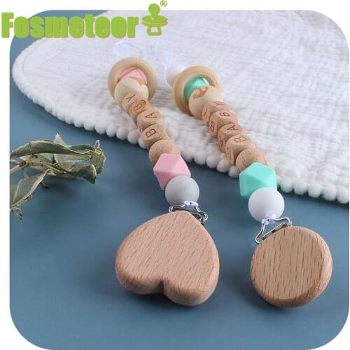 Fosmeteor Beech Wooden Baby Pacifier Custom Personalised Name Beech Wooden Pacifier Animal Clip Silicone Bead Pacifier Chain
