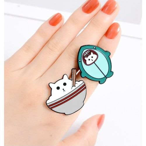 Cartoon Shark Cat Bowl Enamel Pins Cute Fat Kitten Animal Brooches Bag Shirt Button Badges Fashion Jewelry Gift for Kids Friends