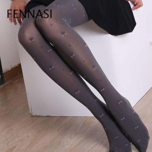 FENNASI Embroidery Cherry Pattern Womens Tights Velvet Jacquard Sexy Pantyhose with Print Cherry Kawaii Lolita Cute Tights