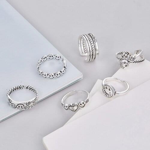 Classic Silver Color Ring For Women Round Fashion Cute Smiley Opening Rings Vintage Jewelry Men Finger Rings New Accessory Gift
