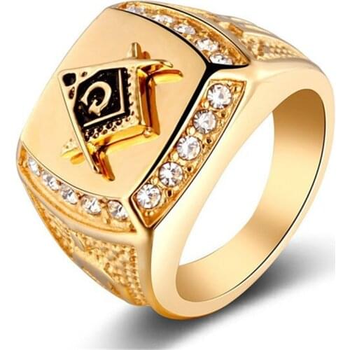 Vintage Stainless Steel Ring For Men Masonic Bands Letter Crystal Inlaid Jewelry Anniversary Men Christmas Gift Finger Ring
