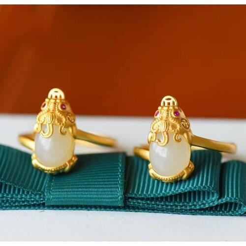 Silver natural Hetian white jade brave open adjustable ring Chinese retro beast domineering exaggerated womens brand jewelry