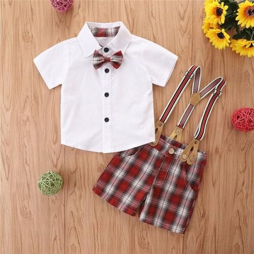 Summer 0-4Y Infant Kids Boys Gentleman Clothes Sets Short Sleeve Lapel Bowknot Shirt + Suspender Pants