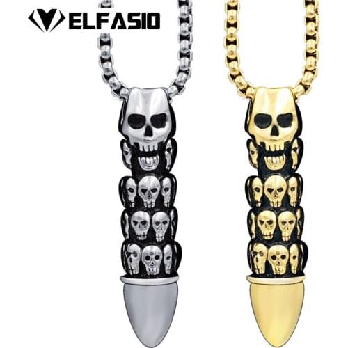 Mens Skull Bullet Silver Gold 316L Stainless Steel Biker Pendant Necklace Chain 51-71cm