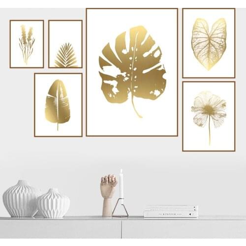 Wall Art Golden Flower Monstera Palm Leaf Plant Posters Print Canvas Painting Printmaking Life Creativity Living Room Decoration