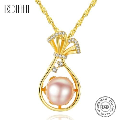 DOTEFFIL New 100% 925 Silver Necklace Natural Freshwater Pearl Fine Water-Wave Chain Pendant Necklace Women Jewelry Lady Gift