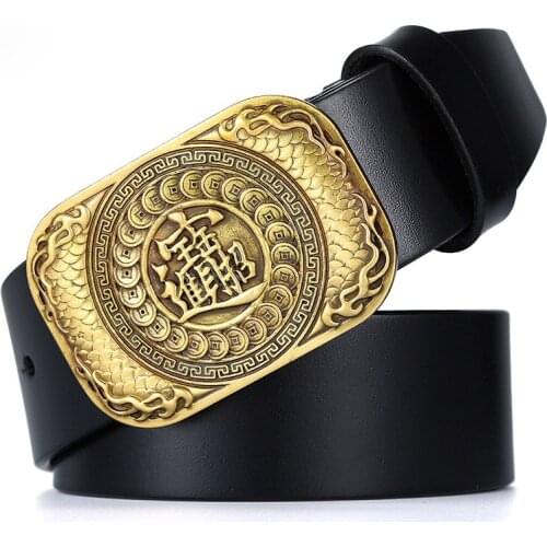 Ta-weo Casual Retro Men Genuine Leather Belts, Stylizing Lucky Fortune Pure Copper Smooth Buckle Belt, 1.5'' Wide