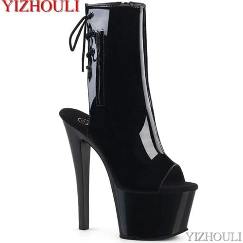 17cm high heel, low heel boots for dinner party, 7 inch high heel shoes for stage model pole dancing, bright surface, ankle boot