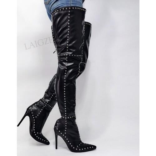 SEIIHEM Women Over Knee Boots Pointed Toe Rivets Heeled Boots Thigh Patchwork Female 2021 Party Shoes Woman Big Size 42 43 45 47