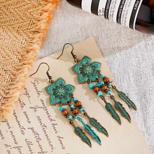 Ethnic Style Bohemian Alloy Earrings Antique Bronze Alloy Flower-Shaped Geometric Pattern Metal Feather Tassel Pendant Earrings