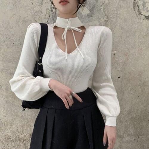 Women Knit Sweater Autumn Winter V-neck Short Sweater Female Hollow Halter Long-sleeved Top