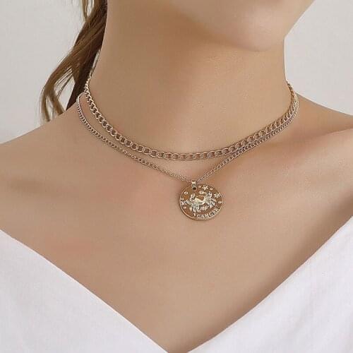 Vintage Double Layer Thick Chain Choker Round Crab Pendant Necklace Women Temperament Geometric Clavicle Necklace Jewelry Kolye